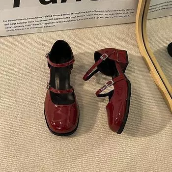 New Mary Jane Shoes Buckle Pumps Women Thick middle Heels Elegant Shallow Square Toe Footwear Party Office Lady Leather Shoes 35 чёрный