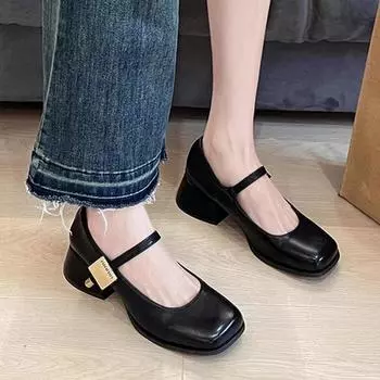 New Mary Janes Women s Shoes High Heel Spring Square Toe Mid Heels Sandals Designer Shallow Pumps Thick Sole Leather Shoes 35-39 35 коричневый