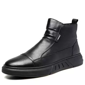 New Men Black Leather Boots Fashion High Top Leather Ankle Boots Motorcycle Lace-up Platform Casual Shoes 39
