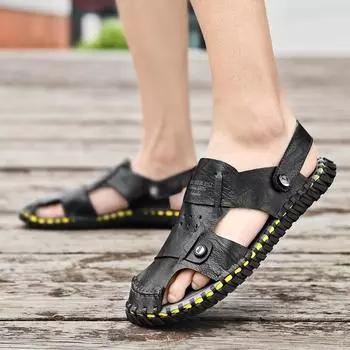 New Men Black Leather Sandals Baotou Slippers 2024 Summer Genuine Leather Casual Sandals Non Slip Outdoor Beach Vacation Sandals 39 коричневый