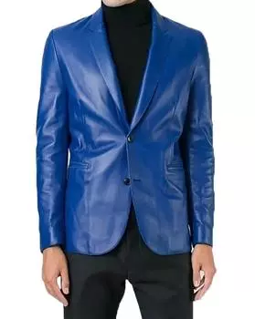 New Men Blazer Blue Handmade Genuine Leather Lambskin Formal Stylish Fashion Fit S синий
