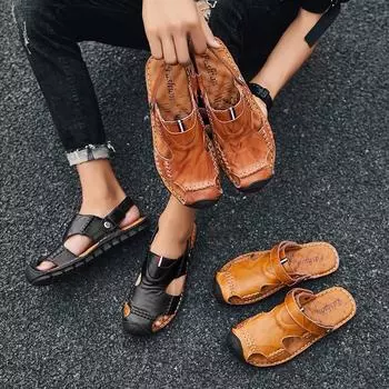 New Men Casual Leather Hollow Out Shoes Fashion Mens Slip on Slippers Handmade for Men Luxury Sandals Non-Slip Men s Beach Shoes 38 чёрный