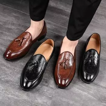 New Men Dress Shoes Brown Black Loafers Tassels Handmade Business Solid Round Toe Slip-On Shoes for Men with 38 коричневый