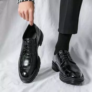 New Men Dress Shoes Leather Black Formal Man Wedding Shoe Elegant Luxury Brand Suit Shoes Big Size Fashion Party Striped Shoes 38 чёрный