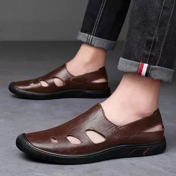 New Men Fashionable Comfortable Casual Leather Sandals Summer Classic Black/brown Breathable Anti-skid Soft Bottom Hollow Sandal 37 чёрный