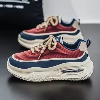 New Men Genuine Leather Casual Shoes Fashionable Sneakers Thick Sole Shoes Double Cushion High Quality Walking Style Sneakers 39 красный