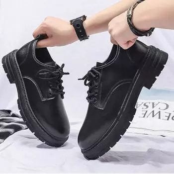 New Men Genuine Leather Platform Oxfords Slip on Thick Tottom Male Derby Shoes Casual Loafers Mens Square Toe Formal Dress Shoes 36 чёрный
