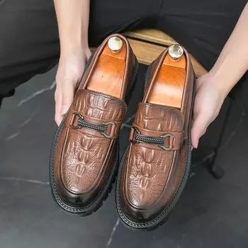 New Men Loafers Shoes PU Embossed Pattern Thick Sole with Increased Metal Buckle Decoration for Formal Business Men Shoes 38 чёрный