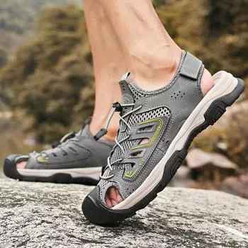 New Men Outdoor Lightweight Walking Shoes Breathable Soft Flats Male Slippers Summer Leather Beach Shoes Comfy Toe Wrap Sandals 38 чёрный