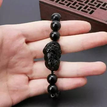 New Men Pixiu Feng Shui Attract Wealth Wristband Obsidian Stone Beads Good Luck Bangle Bracelets чёрный