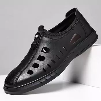 New men s casual hollow leather shoes men s trend breathable hole shoes bag head leather sandals middle-aged and elderly dad shoes 38