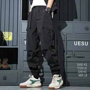 New Men s Casual Trousers Spring and Summer Loose Thin Versatile Functional Work Pants Multi-pocket M чёрный