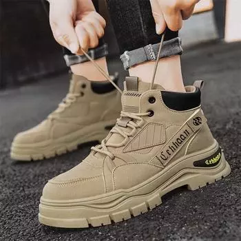 New Men s Casual Work Boots Trendy Thick Bottom Anti Slip Wear Resistant Fashion Leather Boots British Low Top Motorcycle Boots 39 хаки