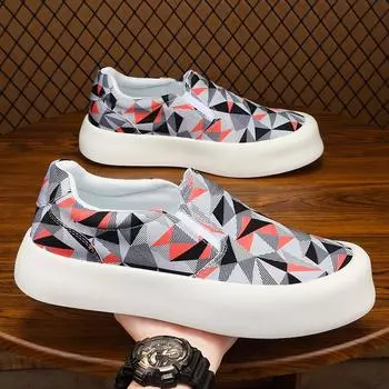 New Men s Cloth Shoes with A Checkerboard Pattern Thick Sole Breathable Contrasting Color Casual Canvas Shoes Slip-on Loafers 39 бежевый