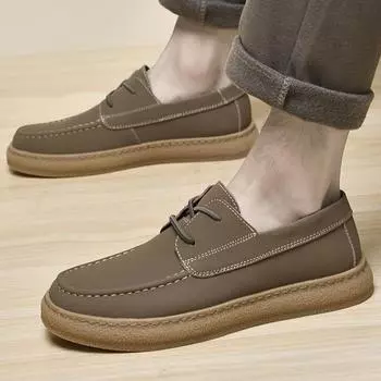 New Men s Cow Leather Lace Up Casual Leather Shoes Outdoor Comfortable High Quality Fashion Soft Classic Driving Non-slip Flats 37 бежевый
