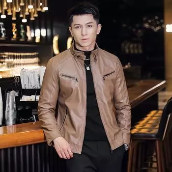 Новая мужская кожаная куртка осень-зима модная красивая повседневная кожаная куртка с воротником-стойкой мужская посадка модный бренд M