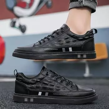 New men s leather shoes spring and summer leisure sports outdoor leisure leather shoes foreign trade tourism flat-bottomed lace-up PU running shoes 39 чёрный
