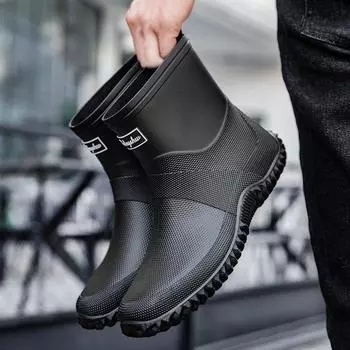 New Men s Mid-Calf Thick Bottom Rain Boots Fashionable Fishing Kitchen Non-Slip Waterproof Car Wash Boots round Toe PVC Material 36-37