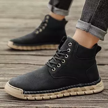 New men s outdoor leisure autumn tooling shoes are hot-selling in foreign trade, and genuine leather high-top Martin boots are popular. 38 чёрный