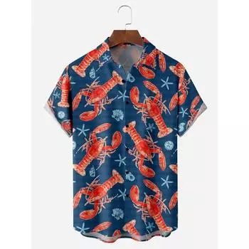 New Men s Shirt Big Lobster Print Hawaiian Men s Casual Lapel Top Comfortable Men s Short Sleeve Shirt Large Size Fashionable Be S