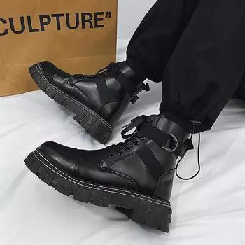 New men s shoes Black leather high British trend motorcycle leather boots ankle black boots H956 39 чёрный