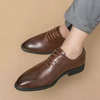 New Men s Shoes Pointed Toe Leather Fashion Shoes Men Lace-Up Men Casual Footwear Luxury Brand Men Wedding Dress Oxfords Shoes 38 чёрный