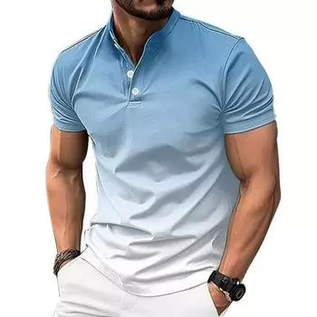 New Men s Standing Collar Summer Tees Gradient Color Casual Short Sleeved Golf Henry Shirt S