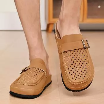 New Men s Summer Leather Sandals Classic Outdoor Slip On Casual Shoes Comfortalbe Walking Half Shoes for Men Slippers Mocassins 38 песочный