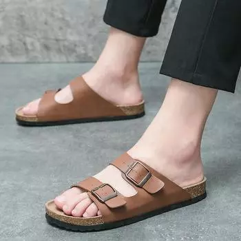 New Men s Summer New Waterproof Lightweight Slippers Men s Leather Comfort Wood Sole Beach Shoes Non-slip Open-toe Home Slippers 38 чёрный