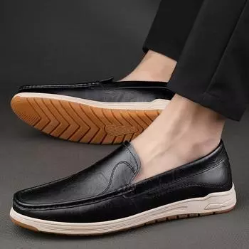 New Men Shoes Genuine Leather Dress Brand Loafers Classic Brogue Mans Footwear Formal Shoes Lightweight Retro Soft Driving Shoes 38 чёрный