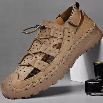 New Men Summer Genuine Leather Men Sandals Fashion Roman Sandals Handmade Hollow Out Casual Platform Outdoor Men s Beach Sandals 38 чёрный