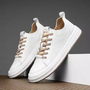 New Mens Breathable Casual Shoes Classic Lace-up Simple White Sneakers Leather Designer Business Office Shoes Tenis Masculino 39 бежевый