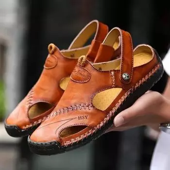 New Mens Sandals Genuine Leather Summer Beach Slippers Men Shoe Non-Slip Soft Comfortable Outdoor Shoes High Quality Male Sandal 38 чёрный