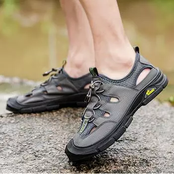 New Mens Sandals Summer Breathable Mesh Sandals Men Outdoor Casual Lightweight Beach Sandals Handmade Male Shoes Hiking Non-Slip 39 чёрный