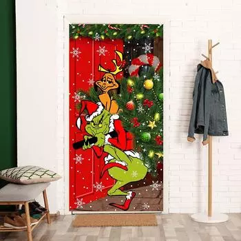 New Merry Christmas Grinch Xmas Door Cover Decorations Banner Grinch Green Backdrop