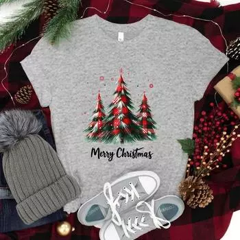 New Merry Christmas Tree Print T-Shirts Women Men Christmas Cool Short Sleeve Female Casual T-Shirts Round Neck Tops S