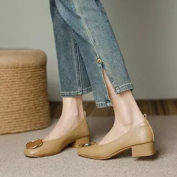 New metal amber buckle leather shoes soft sole comfortable work shoes middle heel square head shallow mouth versatile thick heel single shoes women 35 чёрный