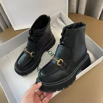 Новые Модные Женские Ботинки с Металлической Цепочкой, Кожаные Туфли Без Застежек, Высокий Верх, Толстая Подошва, Ботинки, Нескользящие Женские Ботильоны, Botas 35 чёрный