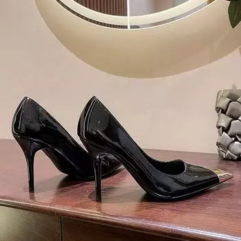 New metal pointed thin heel single shoes women s super high autumn 2025 new black patent leather high heels autumn 35