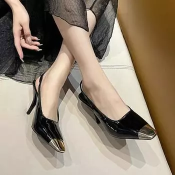 New Metal Square Toe Slingback Pump Solid Color Kitten Heel Solid Color Black Slip-On Fashion Elegant Concise Women Shoes Newest 35