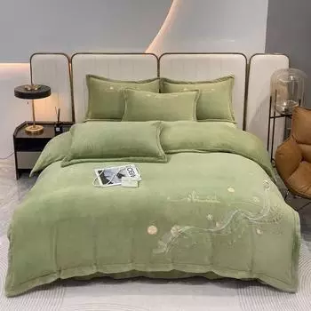 New Milk Velvet Embroidered Wide Edge High Weight Solid Color Embroidered Milk Velvet Four Piece Set Light Luxury Thickened Bed 180cm 4pcs&set синий