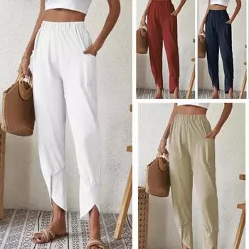 New Minimalist Women S Fashionable Wide Leg Solid Color Casual Pants Casual Style Cotton Spring And Summer Pants S хаки