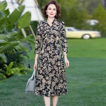New Mom Summer Clothing Dress Western Style 50-Year-Old Women s Dress 2025 New Middle-Aged and Elderly Women Summer Skirts Navy blue big flower XL