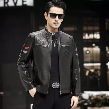 Новая мотоциклетная кожаная куртка мужская из натуральной кожи с воротником-стойкой кожаная куртка из козьей кожи среднего возраста весна и осень тонкая кожаная куртка модная L