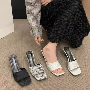 New national style high-heeled slippers spring and summer outer wear temperament retro embroidery lazy drag printing large size thick heel sandals w 35 синий