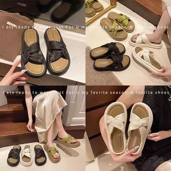 New national style thick-bottomed crossed slippers women s new Korean version of beach cool slippers flat-bottomed women s cool slippers 35 чёрный