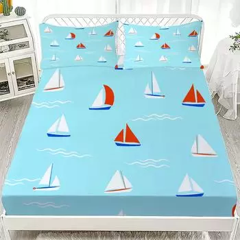 New Nautical Ocean Sailboat Ocean Spirit Fitted Sheet King Queen Single Size Fitted Sheet Set with Pillowcase Teens Boys Gift 90x200cmx25