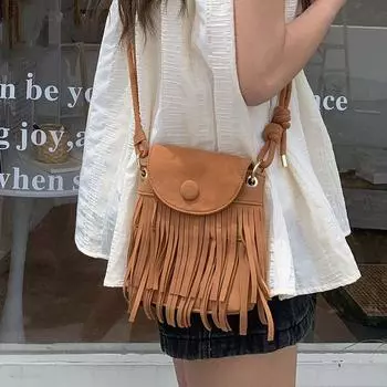 New Niche American Retro Suede Tassel Mobile Phone Bag for Women s Single Shoulder Crossbody Small Square Bag Hong Kong Style Bag