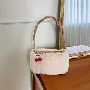 New Niche Design Cherry Fur Bag Fluffy Chain Bag Knitted Handheld Crossbody Bag for Women