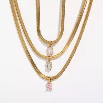 New niche design geometric square zircon pendant 4mm wide blade chain titanium steel plated 18K gold necklace